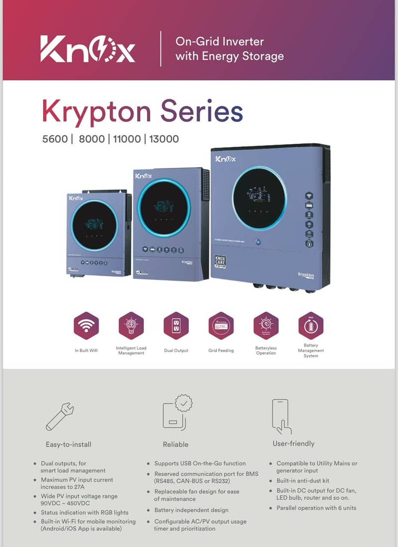 Knox Hybrid Ongrid Inverter 5kw, 4kw, 6kw, 10kw, ip21, ip65 4