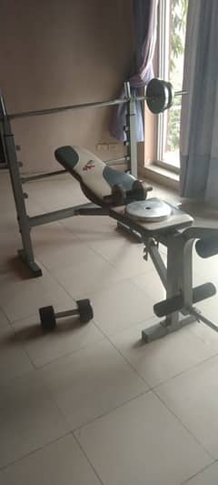 Excercise Bench with Rod plates and Dumbels