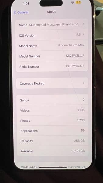 iphone 14 pro max 256gb Jv deep purple color 90% Battery Health 16