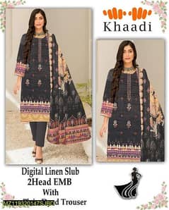 3 PC's Women Unstitched Linen Printed Embroidered Suit 0