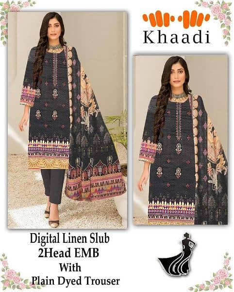 3 PC's Women Unstitched Linen Printed Embroidered Suit 2