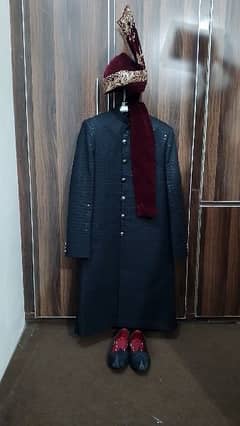 Branded Black sherwani with kulla and khoosa