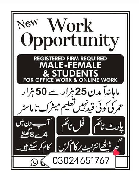 Male female and students required for office work and home base 0