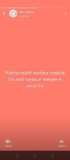 Robina health welfare hospital Lhv,staf nurse,or manger ki

zarurt hy