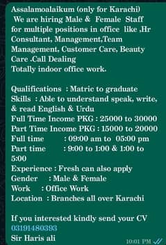 only for Karachi we need male and female staff office work