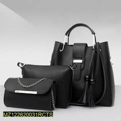 3 Pcs Women's Leather Plain Hand Bag Set