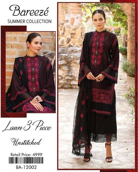 3 Pcs Women's Unstitched Lawn Embroidered Suit 1