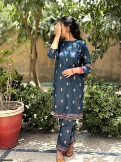 2 Pcs Women's Stitched Cotton Embroidered Shirt And Trouser