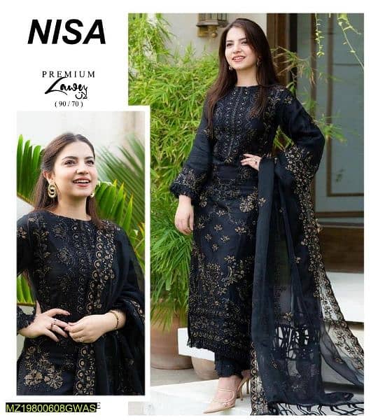 3 Pcs women's unstitched lawn Embroidered Suit 0