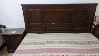 Antique Wooden Table with Glass Top & Double Bed Set – Used Condition