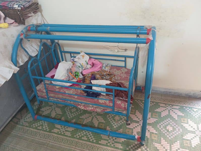 steel bed with three sided almirah 2 chairs 1 rac and 1 baby cort 3