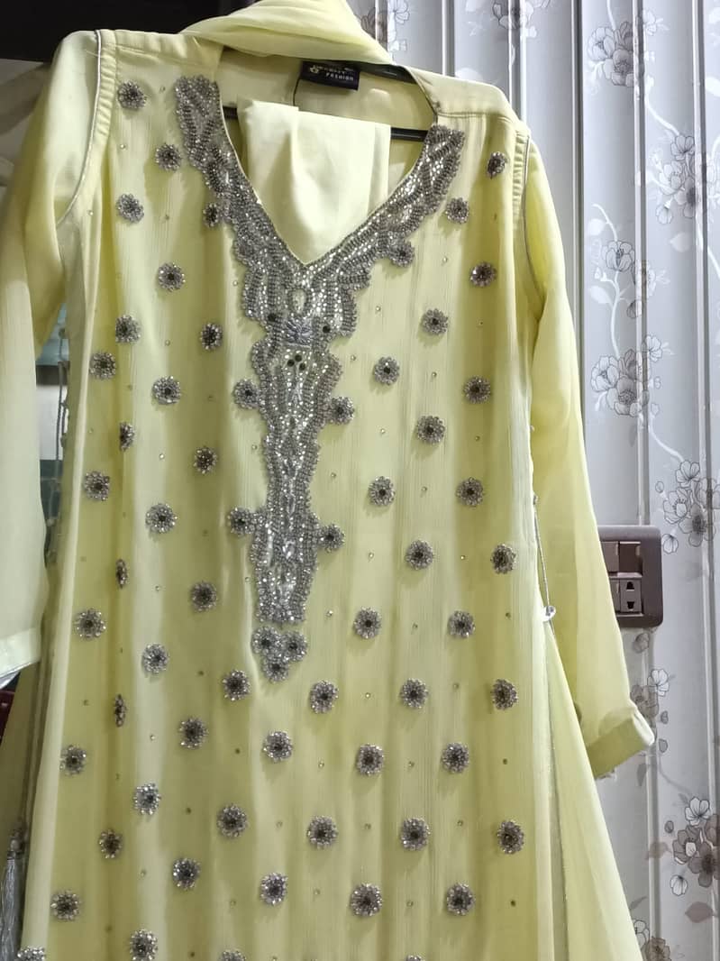 Long fully embroidery maxi yellow colour 3 piece 3