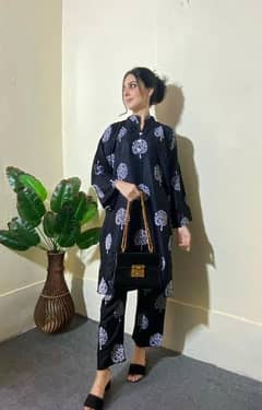 2 Pcs women's stitched printed linen suit