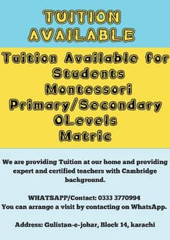 Tution Available for Students_ Montessori–Primary/Secondary–OLevels