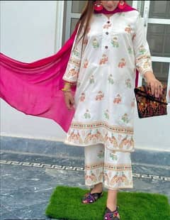 2 Pcs Women's stitched linen Block Printed suit