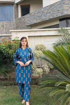 2 Pcs Women's Stitched Linen Printed Shirt and Trouser