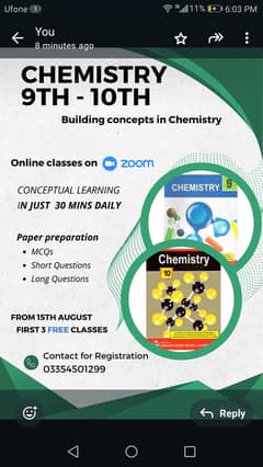 Online chemistry classes for 9th & 10th  Whatsapp now 03354501229