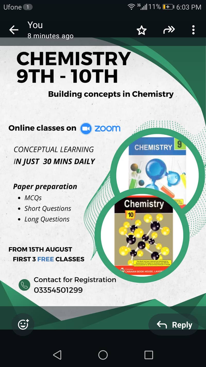 Online chemistry classes for 9th & 10th  Whatsapp now 03354501229 0