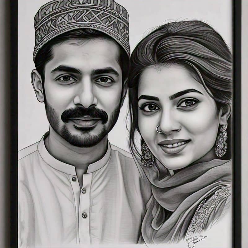 Order Realistic couple Pencil black and white Sketch in Pakistan 0