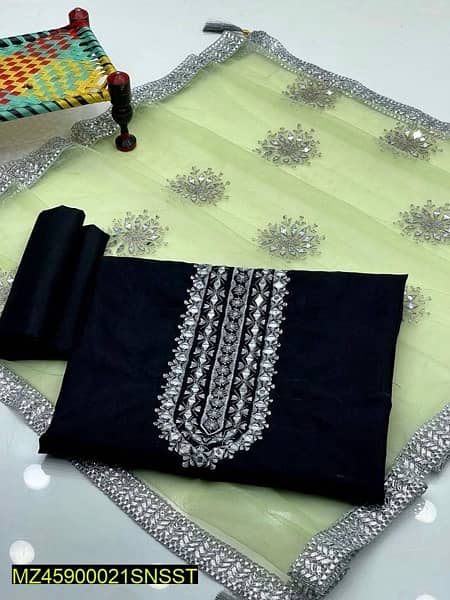 3 pcs unstitched katan silk and net embroidered suit 1