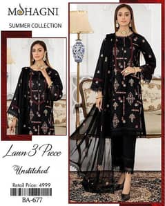 3 Pice woman's Unstitched Lawn Embroidered suit