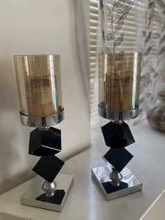 Elegant Black and Silver Geometric Candle Holders with Candles