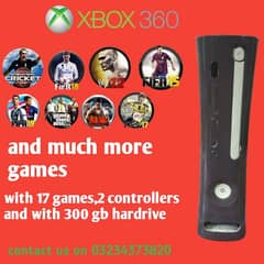 Xbox 360 jtag with 17 games,5cds,2 used controllers,and with 300GB