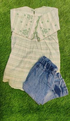 2 Pcs Girl's Cotton Lawn Embroidered Shirt And Denim Pants Set