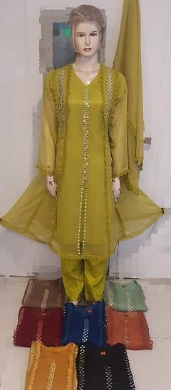 3 pc chiffon frock. ready to wear . stitched