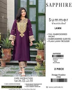 2 PCs Women's Unstitched Lawn Embroidered Suit