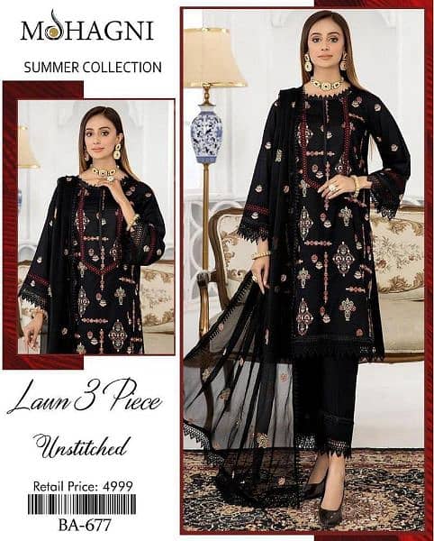 3  Pcs  Women's  Unstitched  Lawn  Embroidered Suit 0