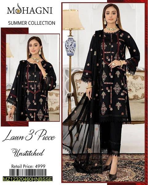 3  Pcs  Women's  Unstitched  Lawn  Embroidered Suit 1