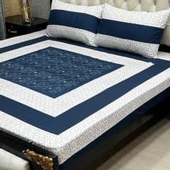 3 Pcs Cotton Embroidered Patchwork Printed Double Bedsheet