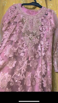 4 piece tea pink Net suit with resham nd sitara work