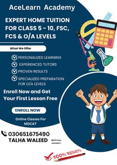 Expert Home Tuition for Class 5 to 10, FSC, FCS & O/A Levels 0