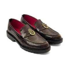 Crocodile Style Leather Handmade Shoes - Brown