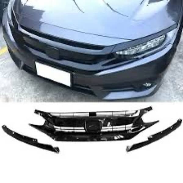 Black Front Grill For Honda Civic X 2016-2021. Genuine 3 Pieces 2