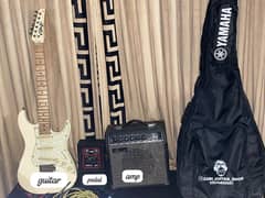 electric guitar, amp, pedal, wires, etc