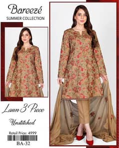 3 PCs women's unstitched lawn embroidered suit