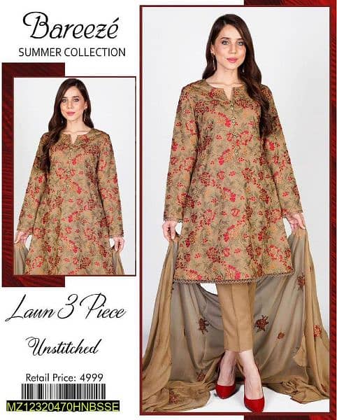 3 PCs women's unstitched lawn embroidered suit 2