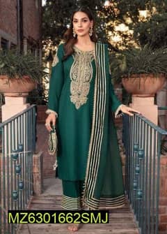 3Pcs unstitched fancy katan silk embroidered suit for women