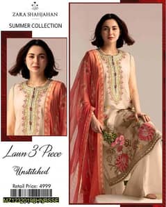 3 PCs Women's Unstitched Lawn Embroidered Suit.