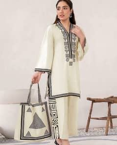 2 PCS WOMEN'S STITCHED LINEN PRINTED SHIRT AND TOUSER