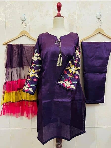 3 Pc Stitched Katan Silk Embroidered Suit 2