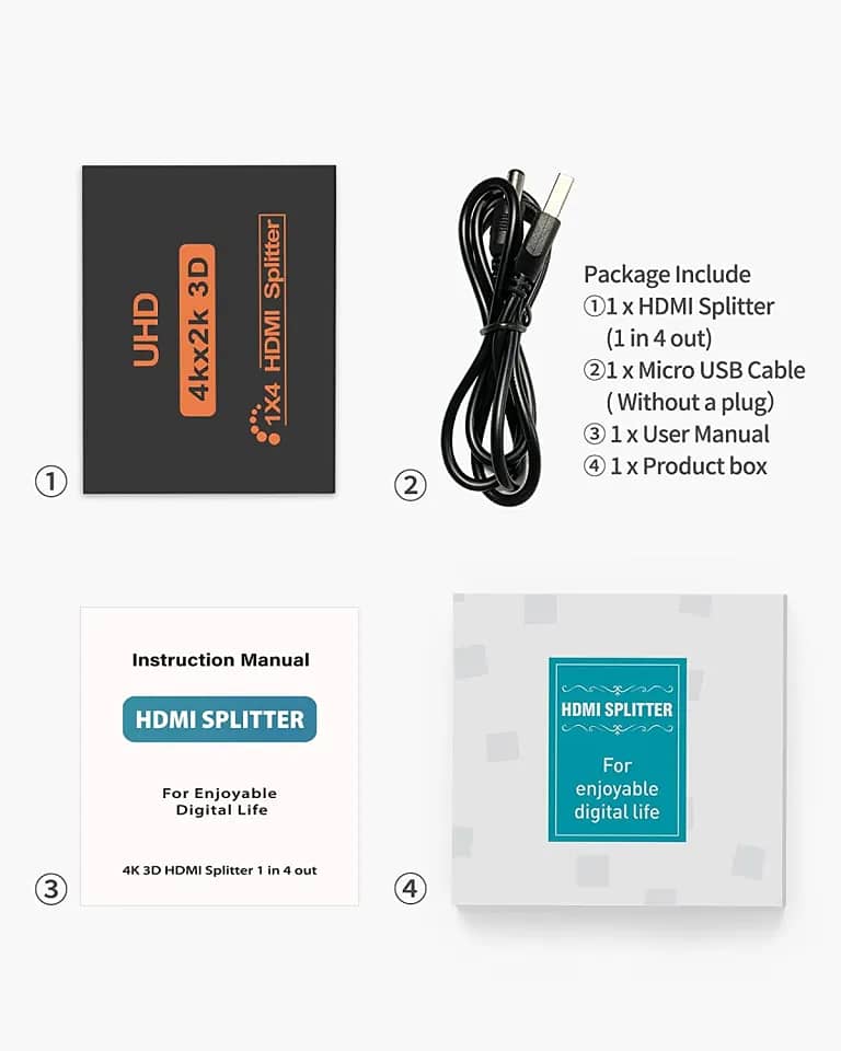 HDMI Splîttér 1 in 4 Out, 4 Way HDMI Distribution Supports 3D 4K 1080 7