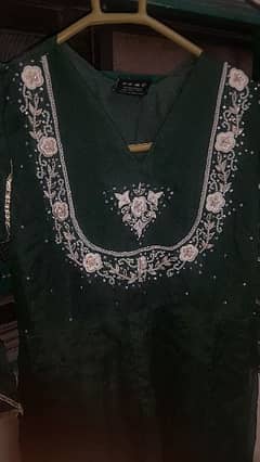 Dark green frock with dupatta and trouser