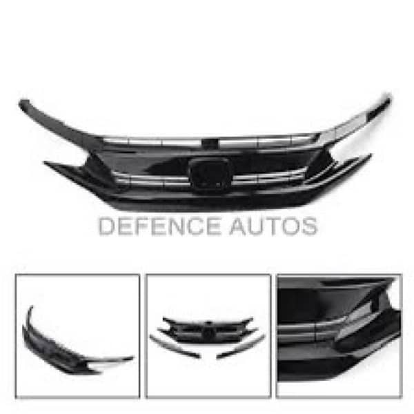 Black Front Grill For Honda Civic X 2016-2021. Genuine 3 Pieces 1