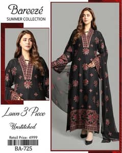 3 pcs women’s unstitched lawn Embroidered Suit