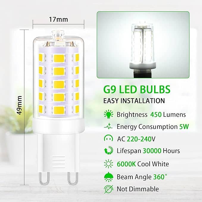 Creyer G9 Led Light Bulbs,5W 450LM, Equivalent to 40W Halogen, Cool W 1