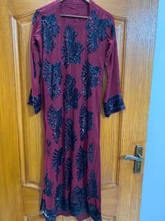 Maroon black 
Chiffon sequence work Long shirt 
Chiffon dupatta